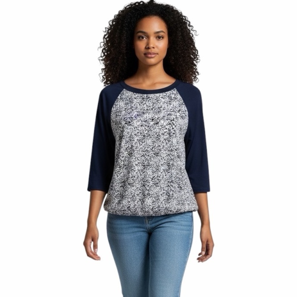 Ann Taylor Loft Women's Blouson Top S Navy Blue Print 3/4 Raglan Sleeve T-Shirt